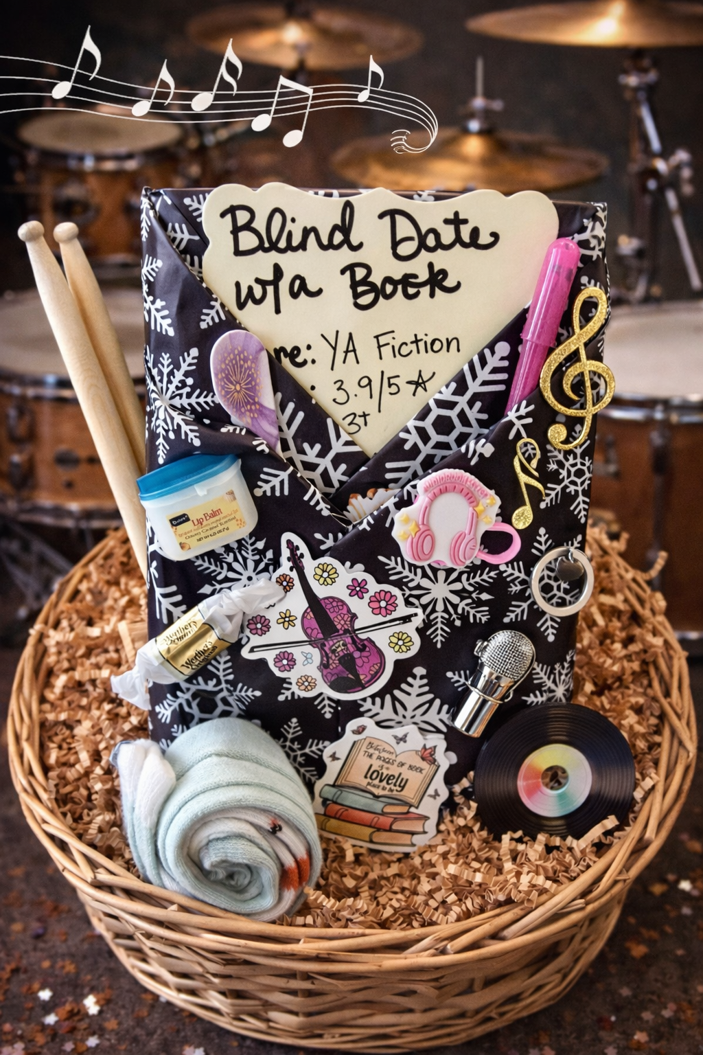 Basket with a book titled 'Blind Date with a Book', music-themed decorations, and musical instruments on a drum set background.