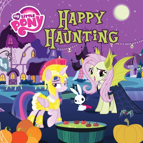 My Little Pony Halloween-themed cover with two ponies and a rabbit in a spooky village setting.