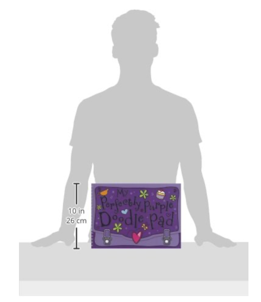 Purple doodle pad with decorative text and illustrations, shown with a silhouette of a person for scale.