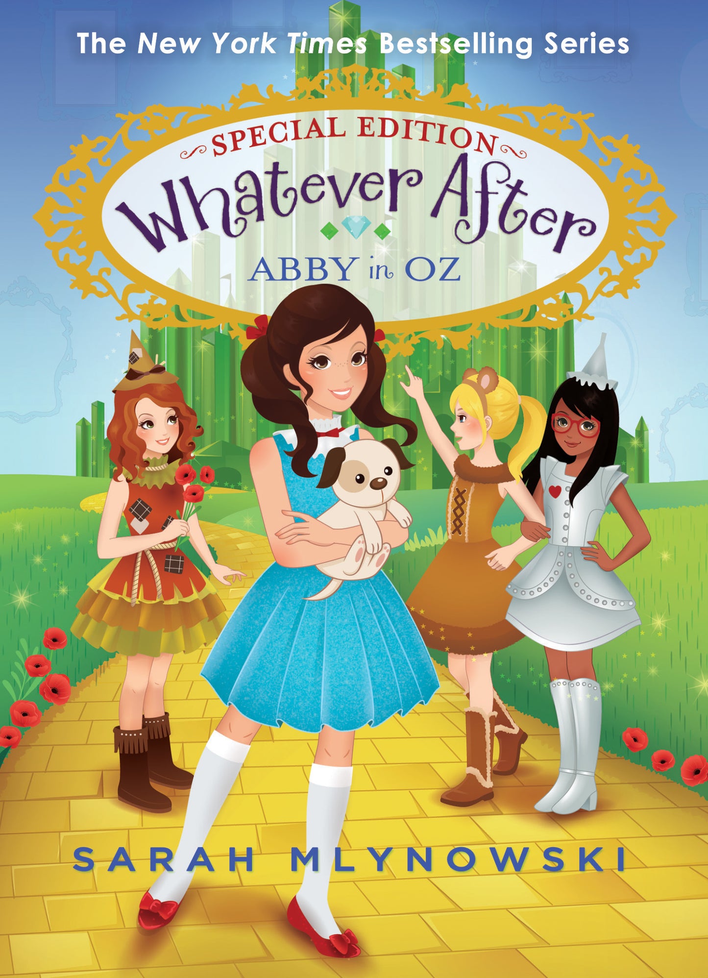 Book cover of 'Whatever After: Abby in Oz' with characters on a yellow brick road.