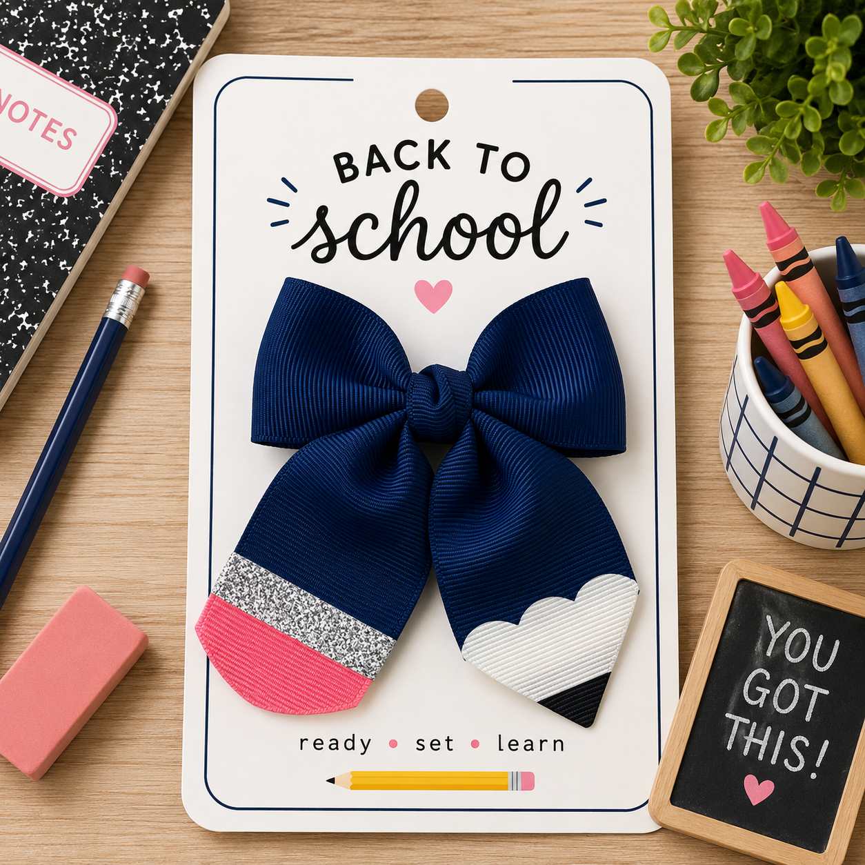 Navy blue pencil-themed ribbon hair bow with a glitter silver eraser band and sharpened pencil tip, attached to an alligator clip for back-to-school outfits, teachers, and students.