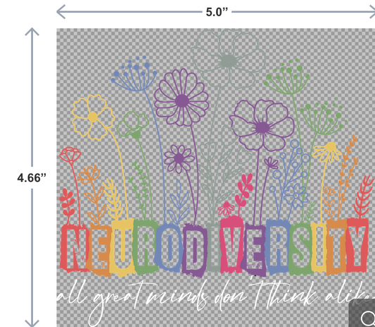 UV-DTF sticker that reads Neurodiversity: All Great Things Don’t Think Alike in bold lettering—ideal for laptops, water bottles, and journals.