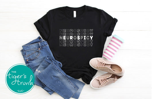 T-shirt with the word "Neurospicy" in bold text, funny and quirky design for ADHD, autism, or neurodivergent individuals