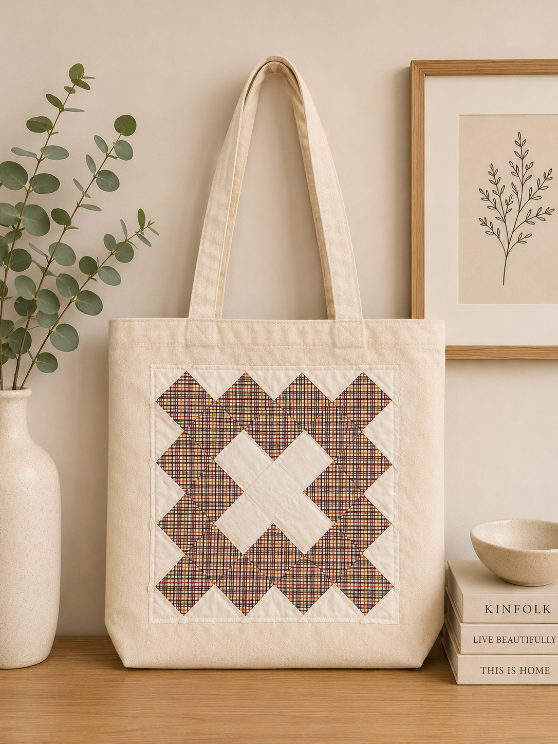 Neutral cream canvas tote bag with plaid quilt block patchwork applique
