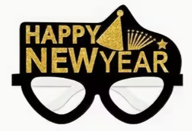 Black glitter Happy New Year glasses with a gold party hat and star details.