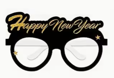 Black Happy New Year glasses with gold script lettering and small star accents.