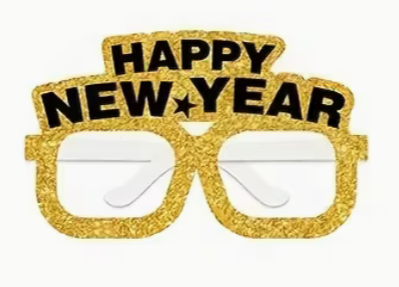 Gold glitter Happy New Year glasses with bold block lettering above square frames.