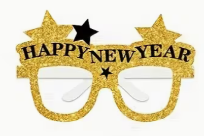 Gold glitter Happy New Year glasses with star decorations above the frames.