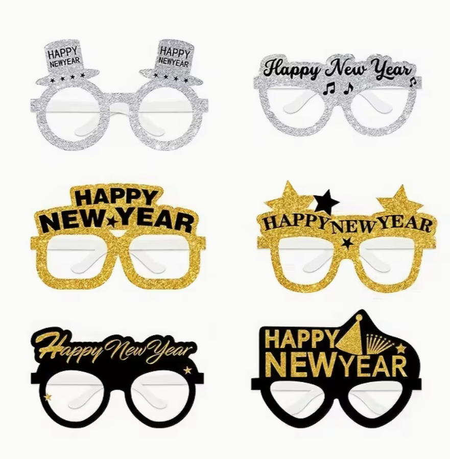  six assorted glitter Happy New Year glasses in silver gold and black displayed against white background