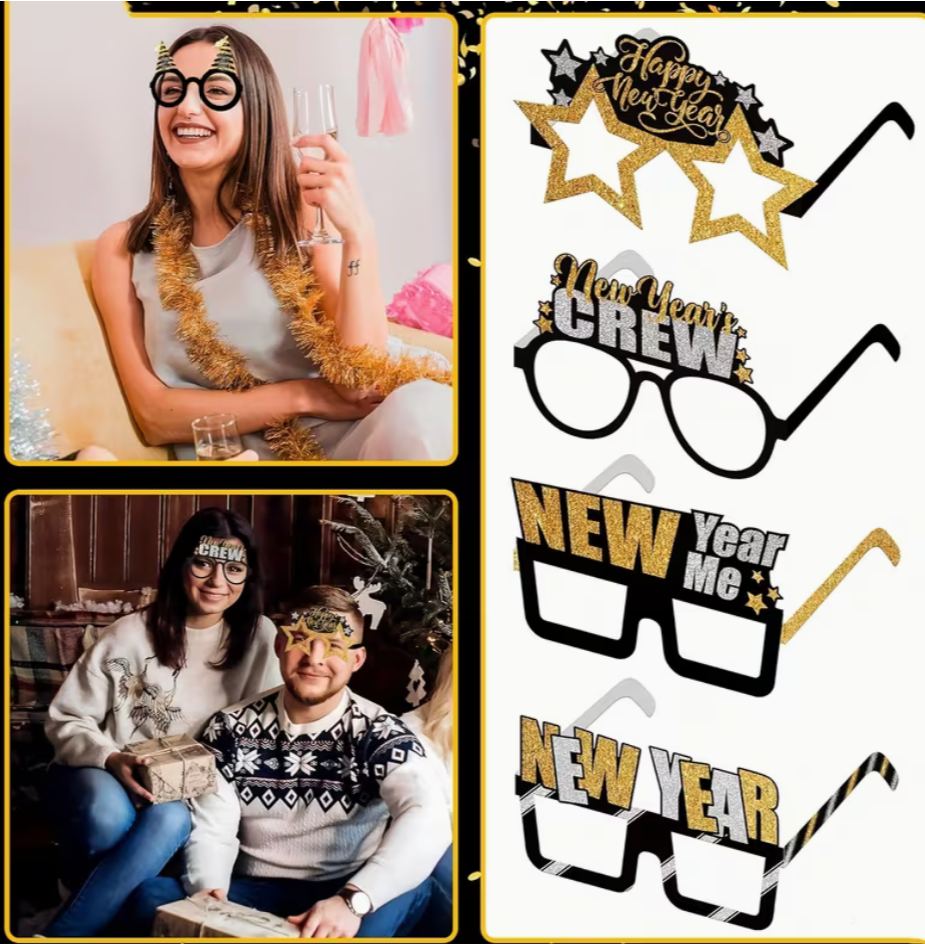 models wearing assorted New Year themed novelty glasses next to product styles including star frames and New Year Crew designs
