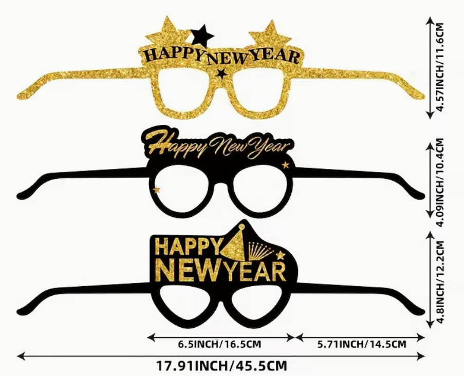 size measurements of gold and black Happy New Year glasses shown on a white background