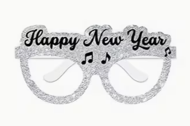 Silver glitter Happy New Year glasses with script lettering and music note decorations.