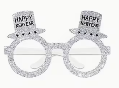 Silver glitter Happy New Year glasses with two small top hats above round frames.