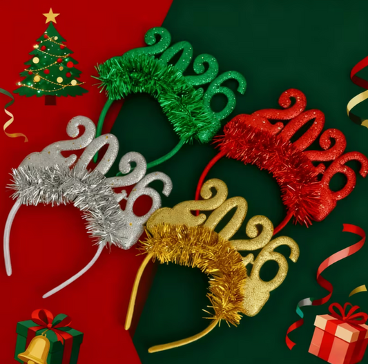 Glittery 2026 New Years party headband in golden, silver,  red, and green colors displayed as festive New Years Eve celebration accessories