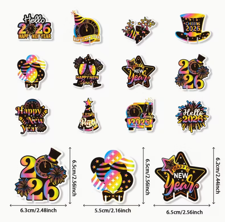 new year wine glass marker designs with measurements shown for balloons star and 2026 cutouts