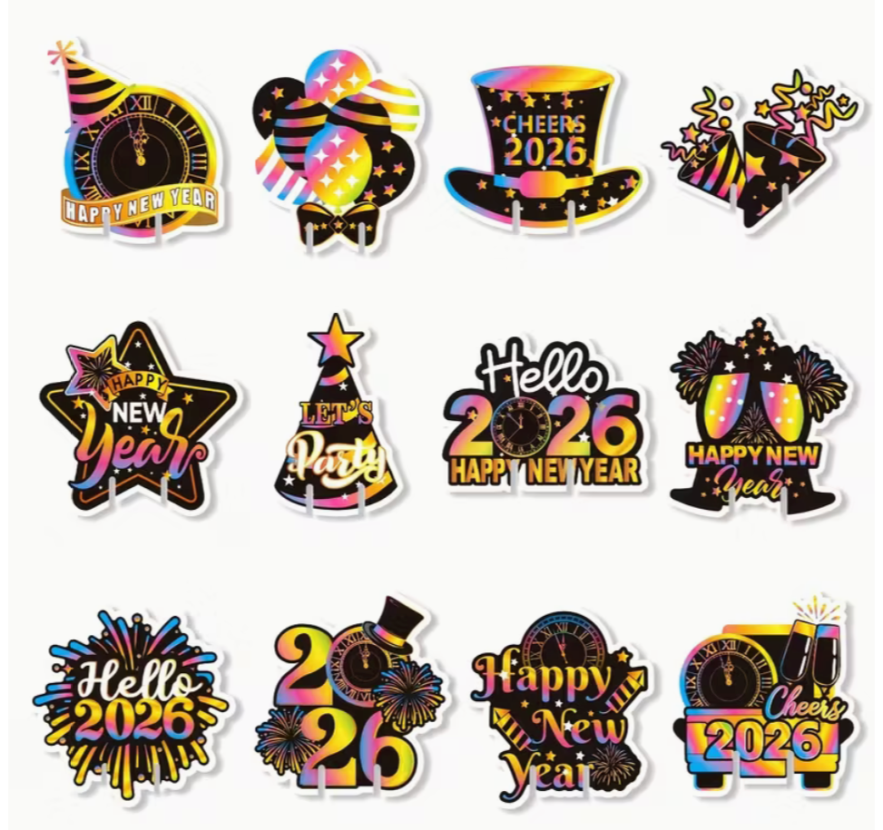 assorted colorful 2026 and happy new year wine glass decoration cards arranged in three rows