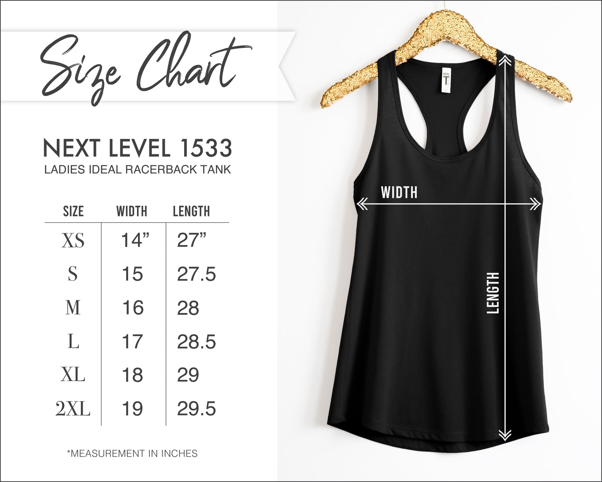 Black tank top on a hanger with size chart on the left