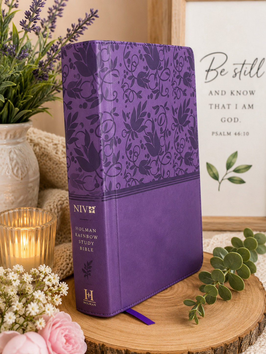 Purple NIV Holman Rainbow Study Bible displayed upright at an angle, showing the floral front cover and spine, styled with lavender, flowers, greenery, a candle, and a framed Scripture verse.
