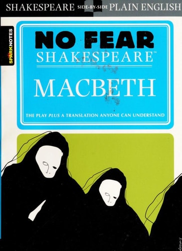 Book cover of 'No Fear Shakespeare: Macbeth' with a stylized illustration of characters and title.