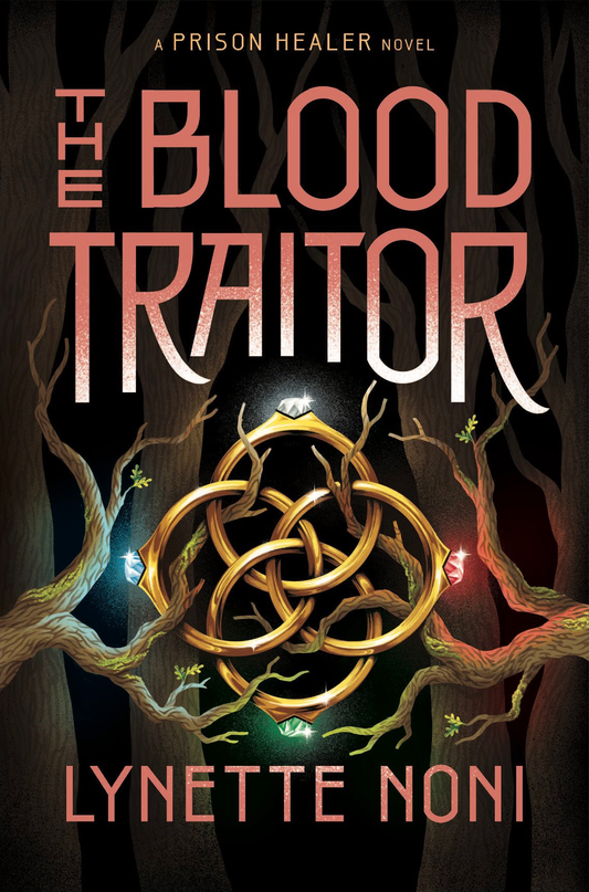 Front cover of The Blood Traitor by Lynette Noni, featuring an intricate design of glowing symbols and a dagger on a dark background.