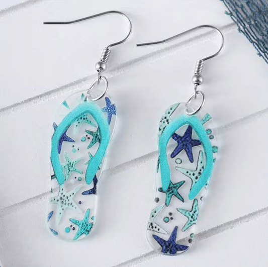 Ocean-themed flip-flop pendant earrings with blue starfish details and silver hooks