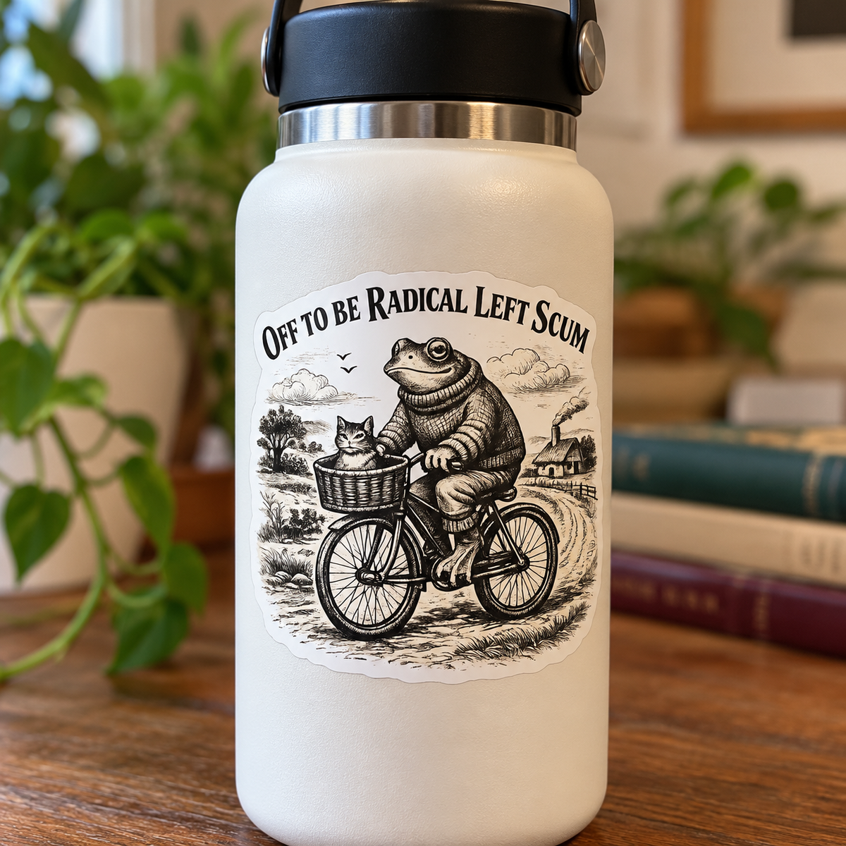 Die cut sticker featuring a frog riding a bicycle with a cat and the phrase Off to Be Radical Left Scum
