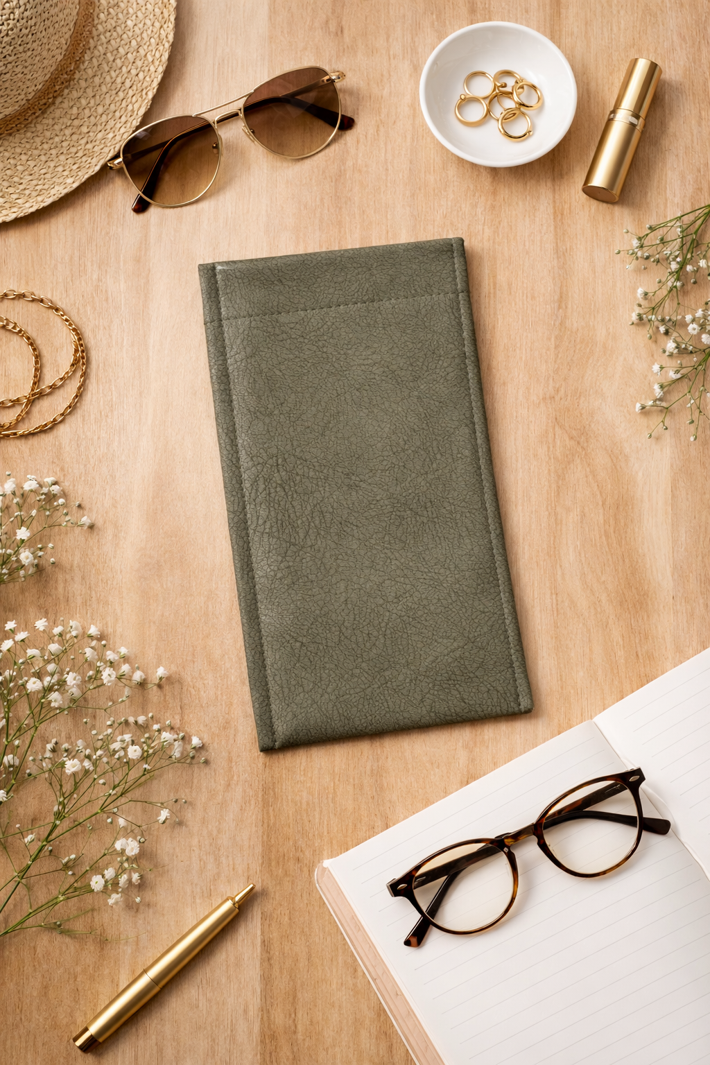 Olive green slim faux leather reading and sunglasses holder displayed in a styled flat lay with sunglasses, notebook, pen, and gold accessories.