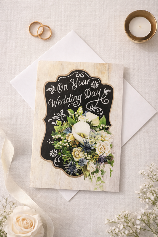 On Your Wedding Day floral wedding card with chalkboard style design and white flower bouquet, styled with envelope, gold rings, ribbon and candle on neutral background