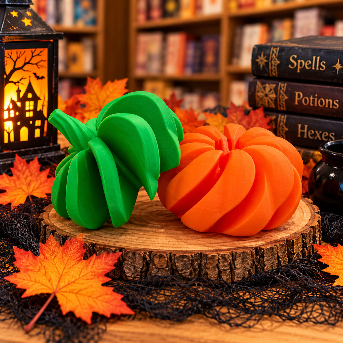 Orange and green 3D printed spiral pumpkin fidget toys showing their unique curved, twisting construction.