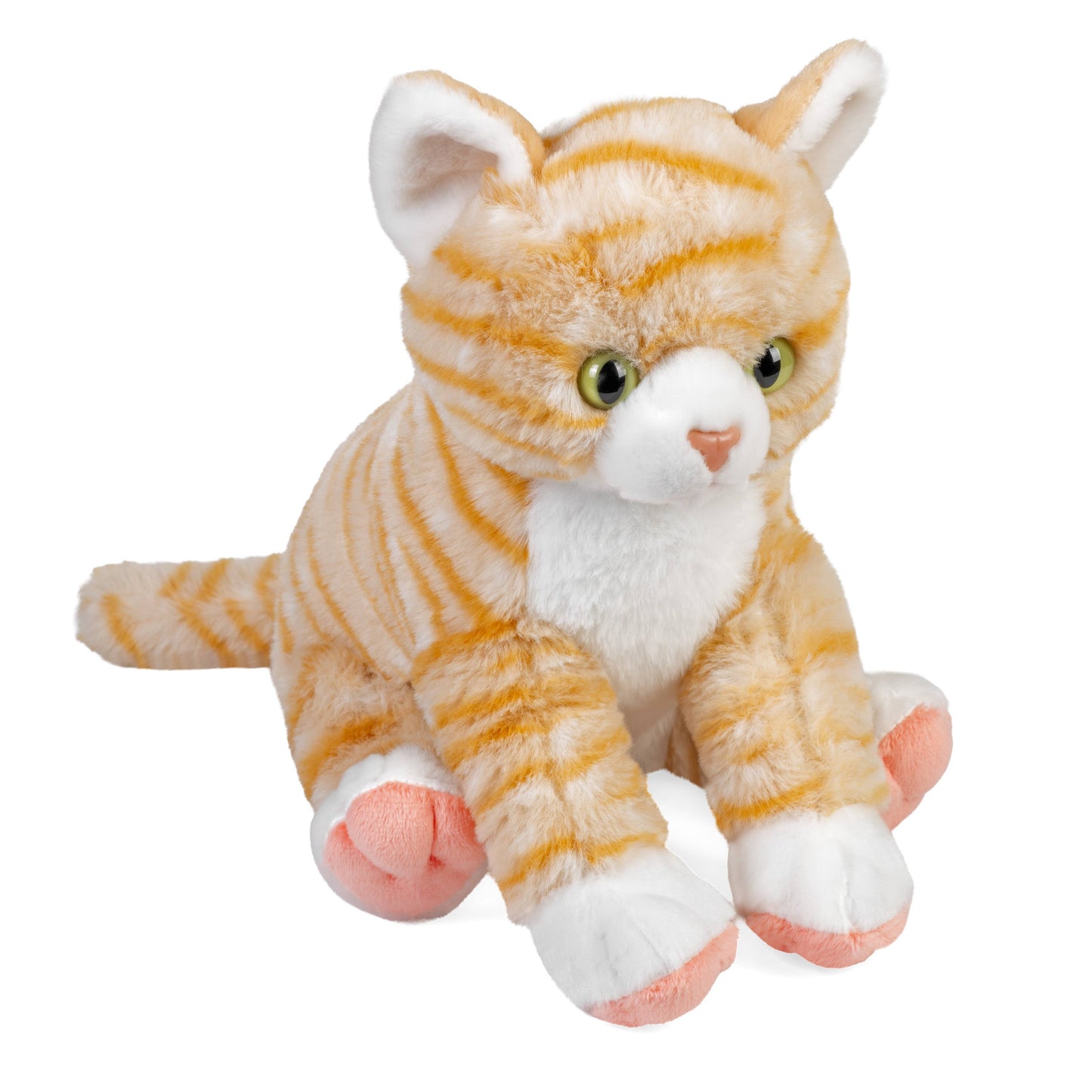 Orange tabby cat 12-inch stuffed animal by Wild Republic with striped fur, green eyes, white paws and pink paw pads.
