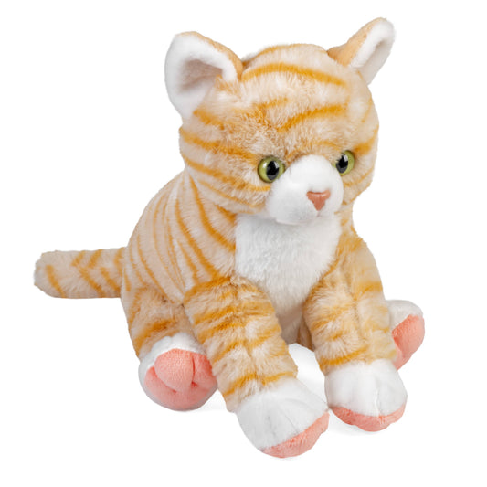 Orange tabby cat 12-inch stuffed animal by Wild Republic with striped fur, green eyes, white paws and pink paw pads.