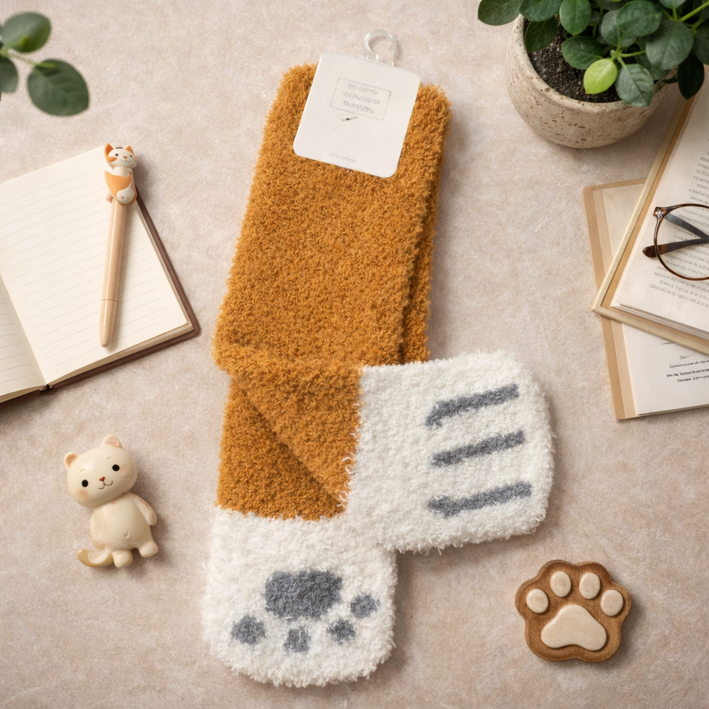 Flat lay of orange and white fuzzy cat paw socks with gray paw pad detail and claw toe markings, styled with a notebook, cat figurine, paw-shaped cookie, glasses, and a potted plant on a neutral fabric background.