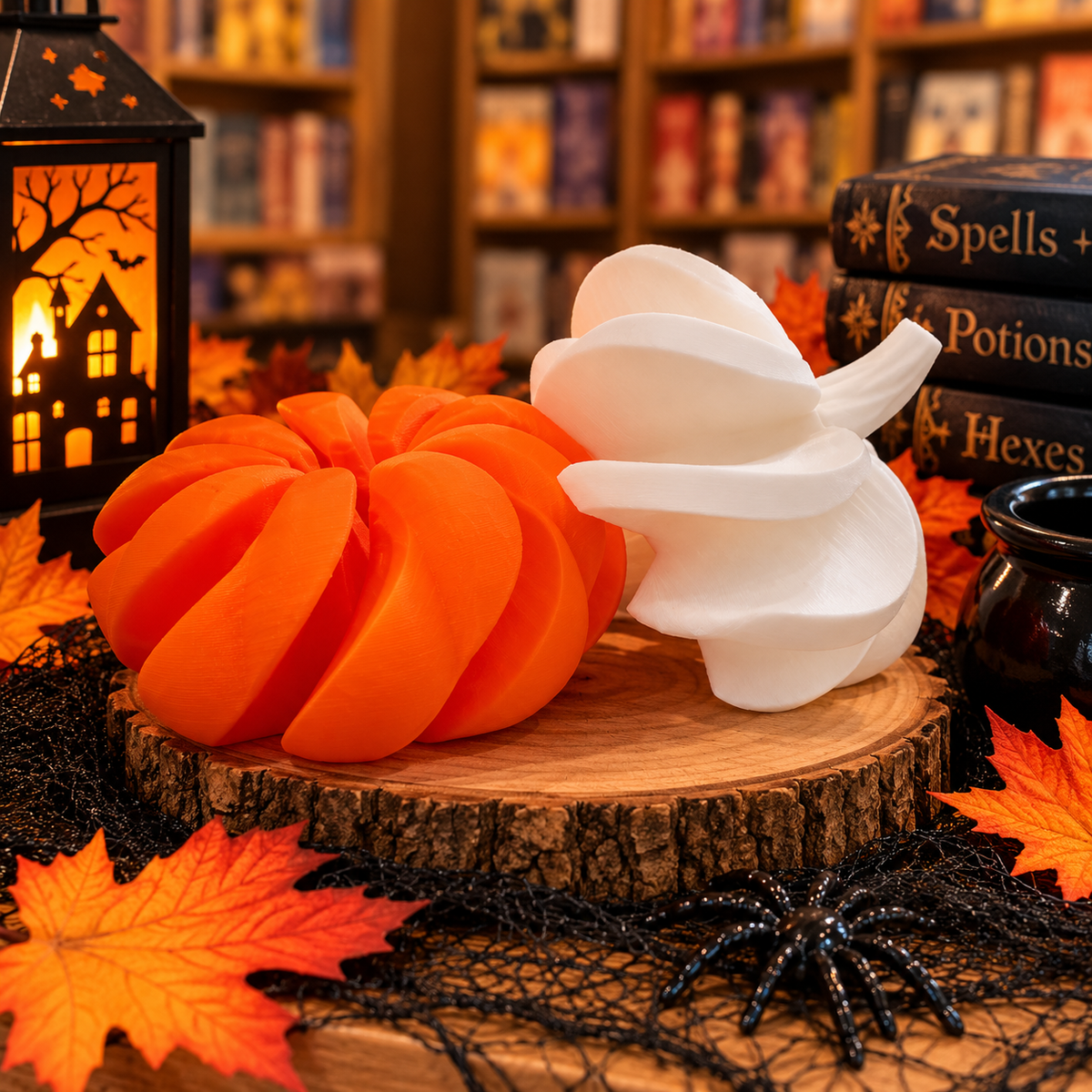 Orange and white 3D printed spiral pumpkin fidgets displayed in twisted positions with festive Halloween decorations.