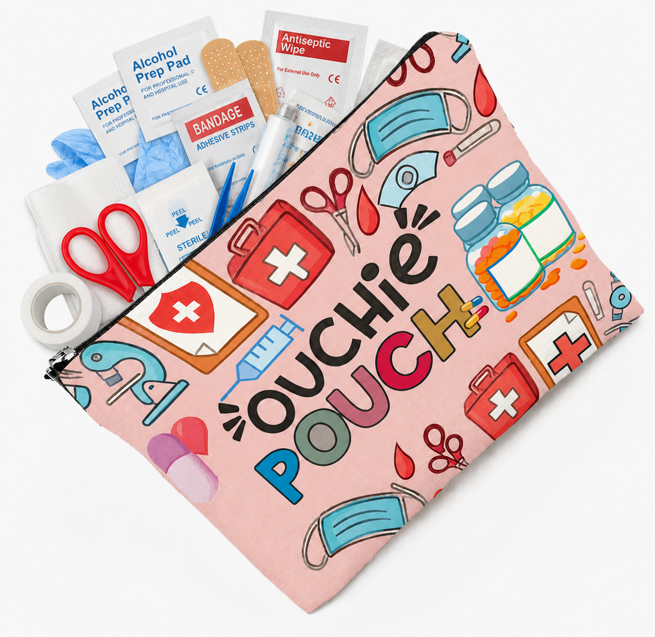 pink medical-themed zipper pouch with Ouchie Pouch text and colorful healthcare supply illustrations including bandages, masks, pills, and first aid items