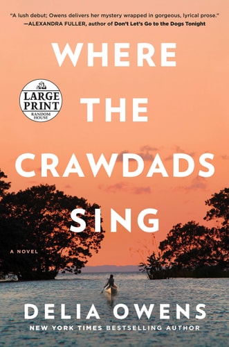 Book cover of 'Where the Crawdads Sing' with a sunset over water and trees.