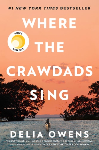 This image features the hardback edition of the New York Times bestseller "Where the Crawdads Sing" by Delia Owens. The book cover displays a serene scene set in a marshy landscape at either sunrise or sunset, with a young woman, identified as Kya Clark, the main character, standing by a tree.