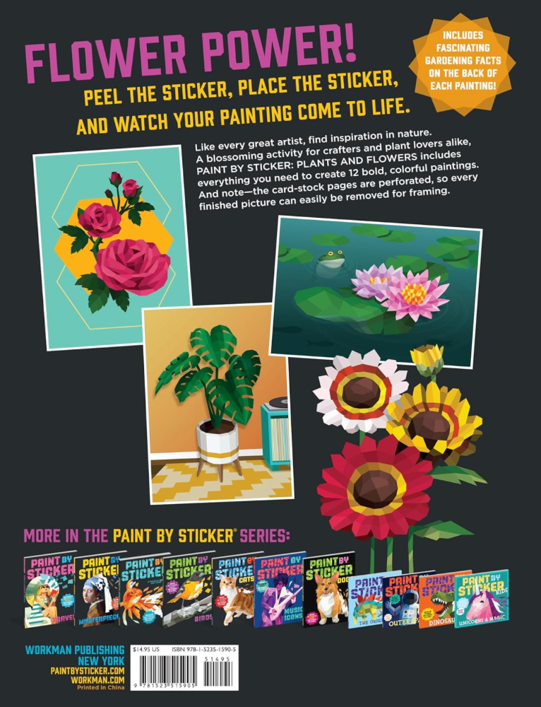 Back cover of a book with flower-themed activities and illustrations on a black background.