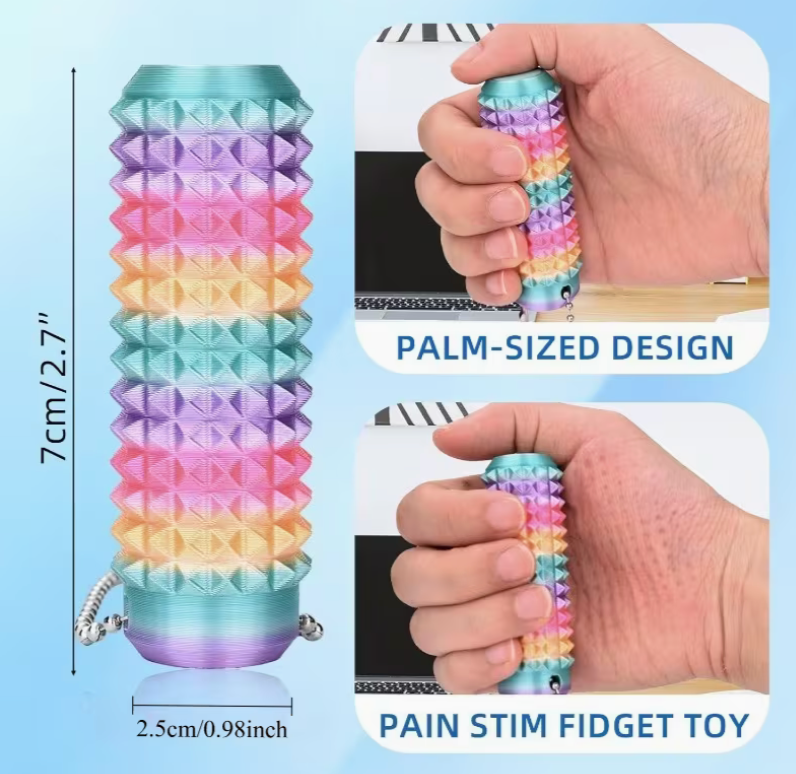 palm-sized rainbow sensory fidget toy with size measurements and textured tactile design for stress relief