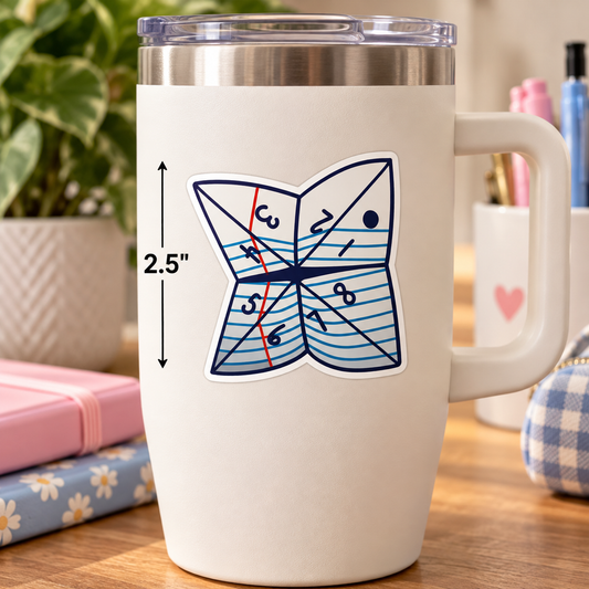 Nostalgic paper fortune teller sticker shaped like a folded cootie catcher with blue notebook lines, red margin, navy outlines, and handwritten numbers, approximately 2.5 inches.