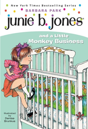 Cover of the book 'Junie B. Jones and a Little Monkey Business' featuring an illustration of a young girl with a淘气的表情, climbing over a fence.