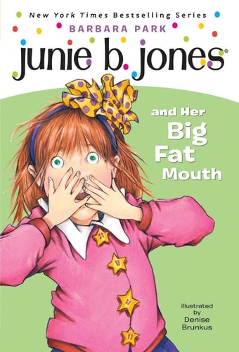 Cover of the book 'Junie B. Jones and Her Big Fat Mouth' featuring an illustration of a young girl with a colorful bow in her hair, making a humorous face.