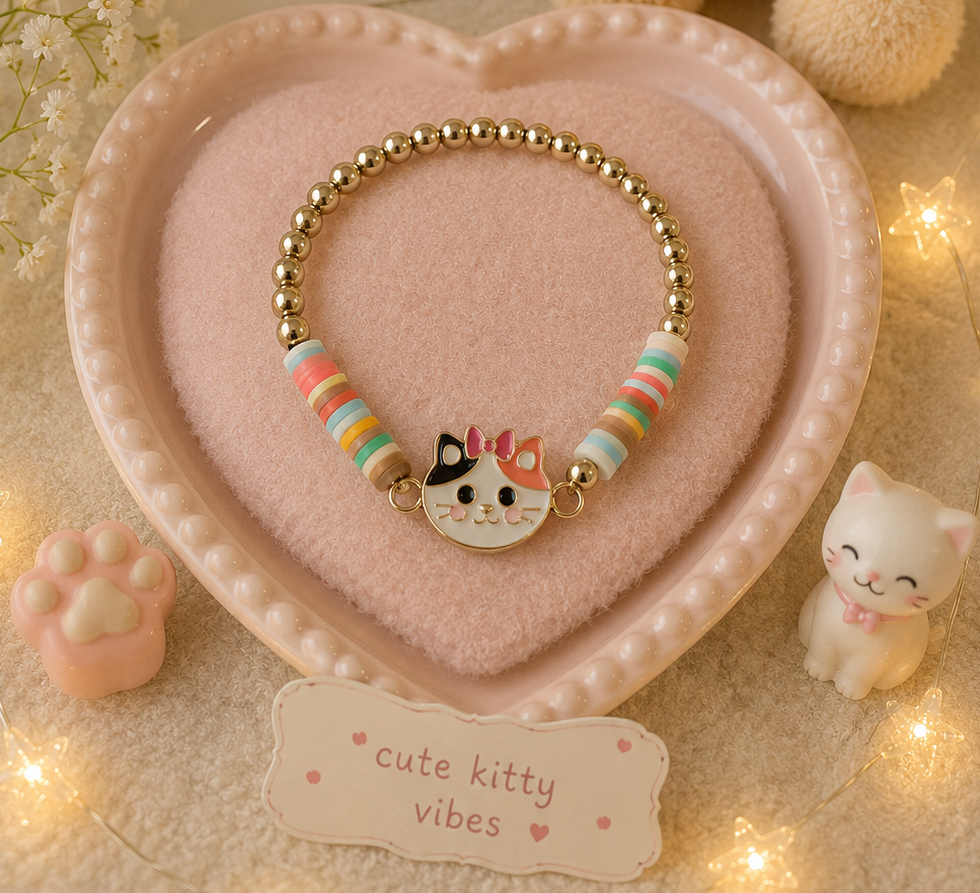 Pastel cat charm bracelet with multicolor beads displayed on pink heart dish