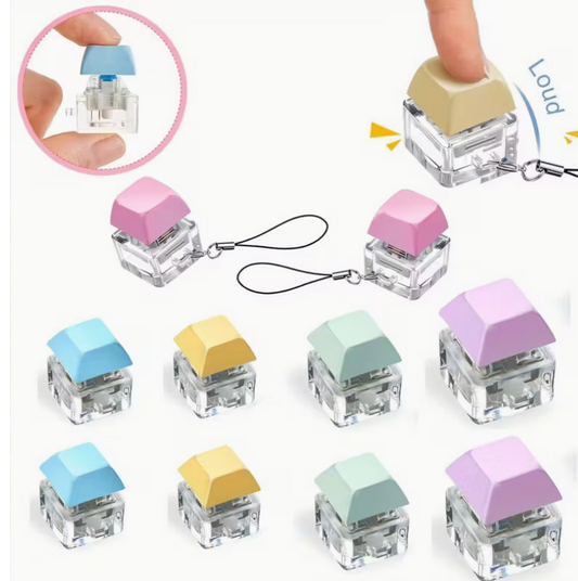 pastel colored keyboard fidget toy keychains with clicky mechanical keyboard style buttons