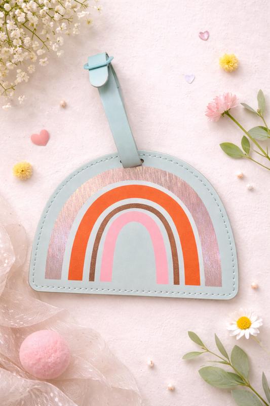 Front view of pastel rainbow luggage tag with colorful arch design