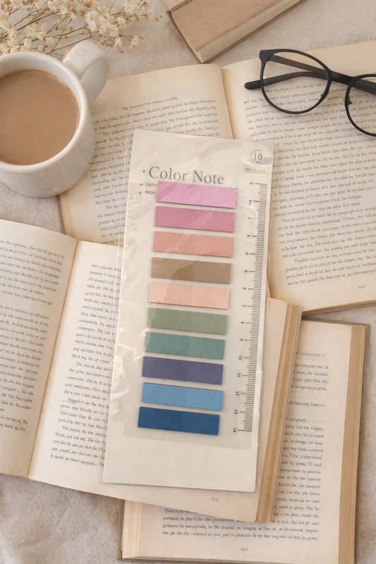 Pastel sticky book tabs labeled Color Note arranged on an open book with a coffee mug and glasses in a cozy reading flat lay.