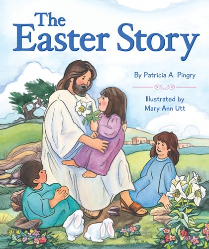 Book cover of 'The Easter Story' with illustrations of Jesus and children in a garden setting.