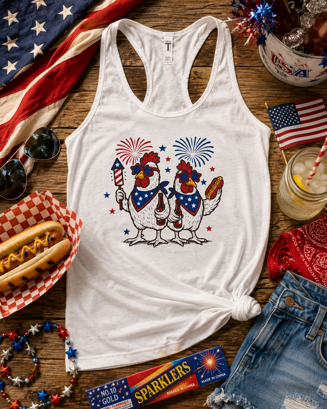 White women's racerback tank featuring two patriotic chickens wearing red, white, and blue accessories with fireworks, hot dogs, and Fourth of July decorations.