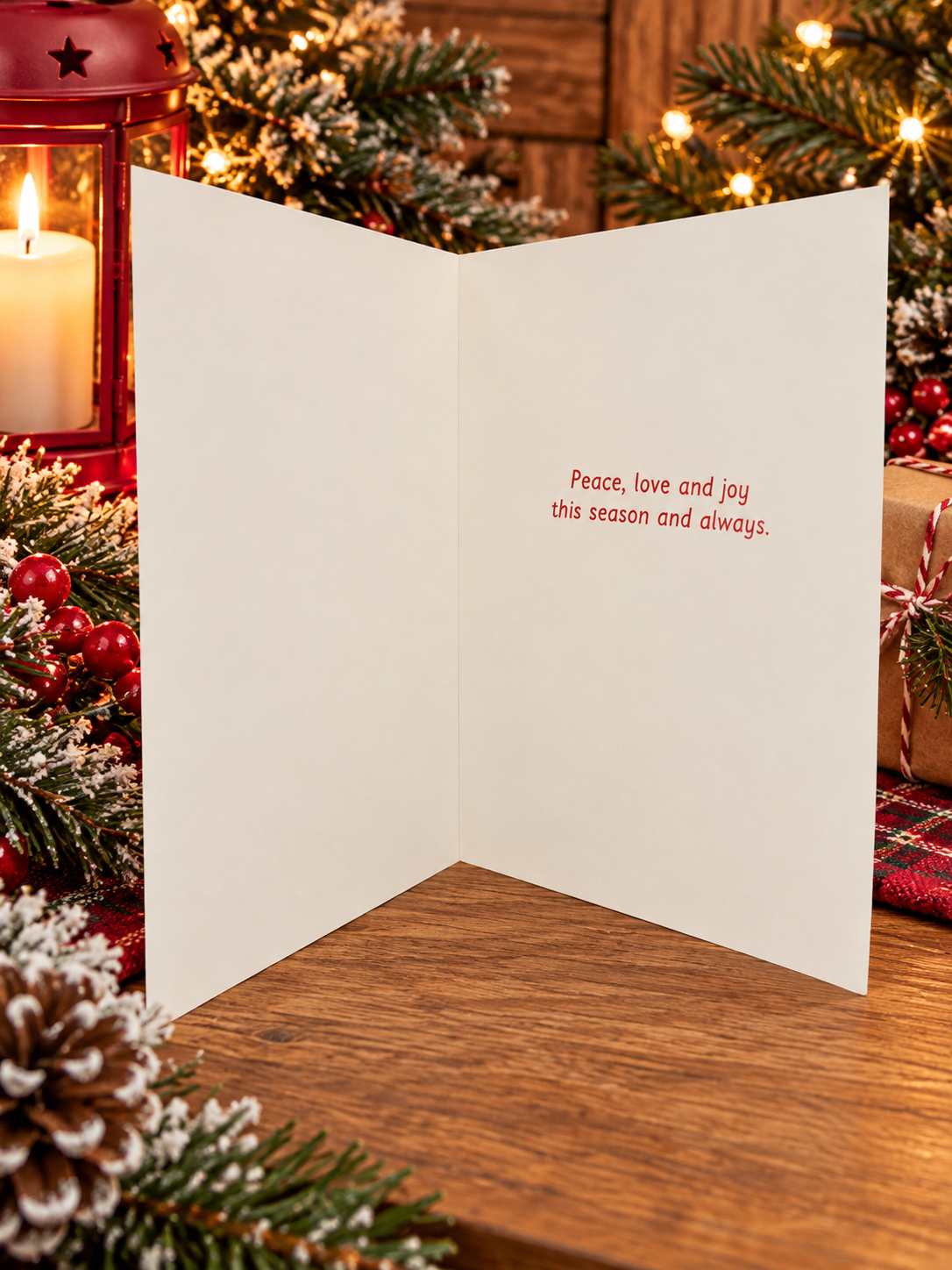 Interior of dove Christmas card with Peace love and joy this season and always printed in red