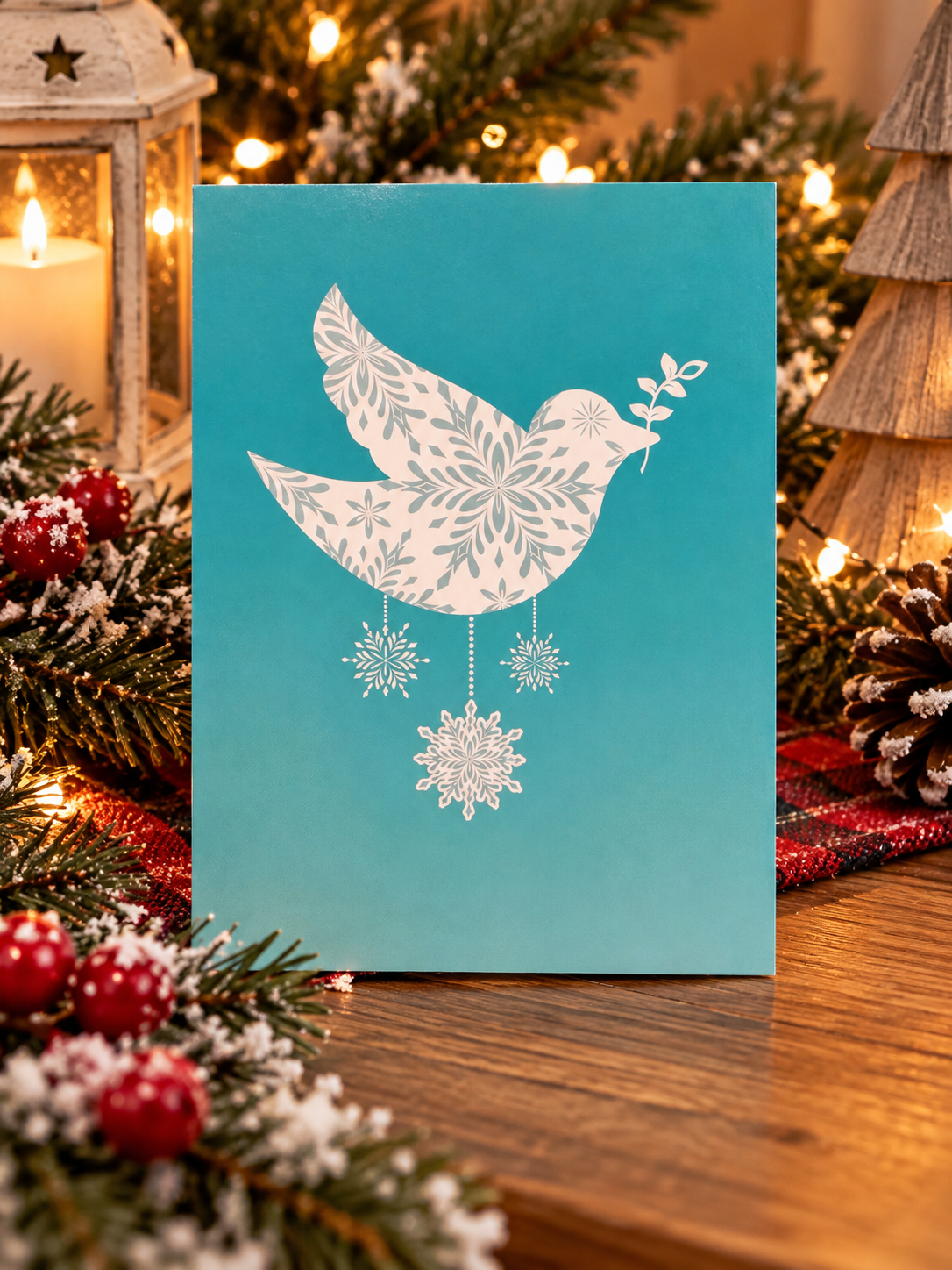 Teal Christmas greeting card featuring a white dove decorated with intricate snowflake patterns