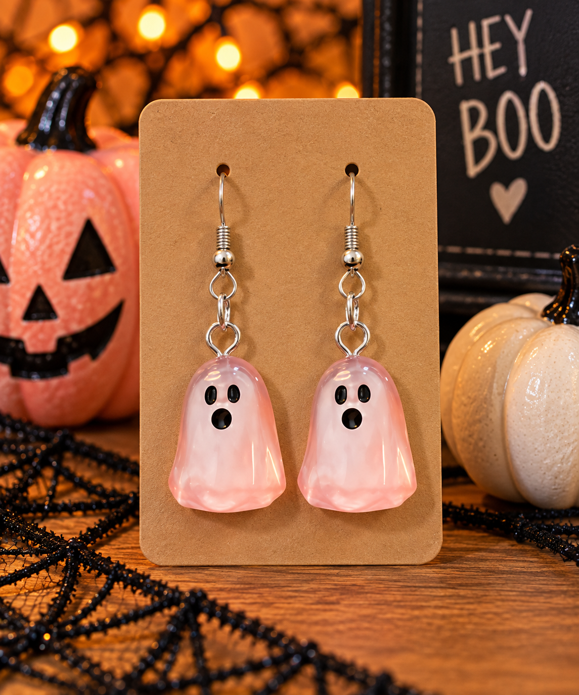 Peach pink translucent ghost dangle earrings for Halloween